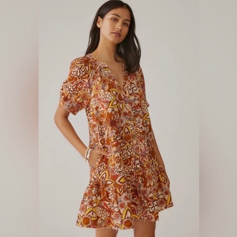 Pilcro Floral Mini Dress in Red and Tan